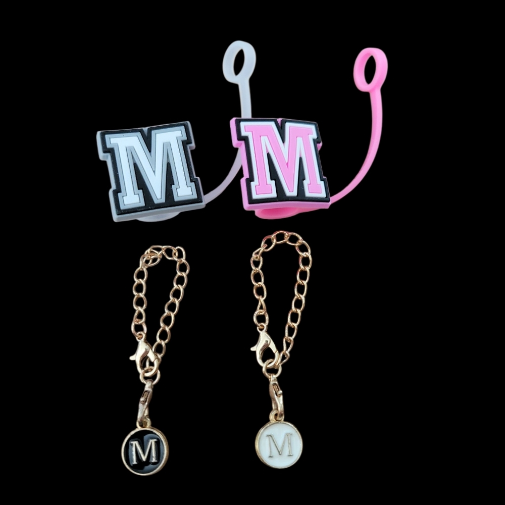 Letter M initial straw toppers and cup charms set of 4